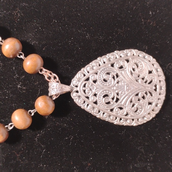 Vintage Tibetan Inspired Silverstone Pendant With Beaded And Stone Necklace - Picture 2 of 8